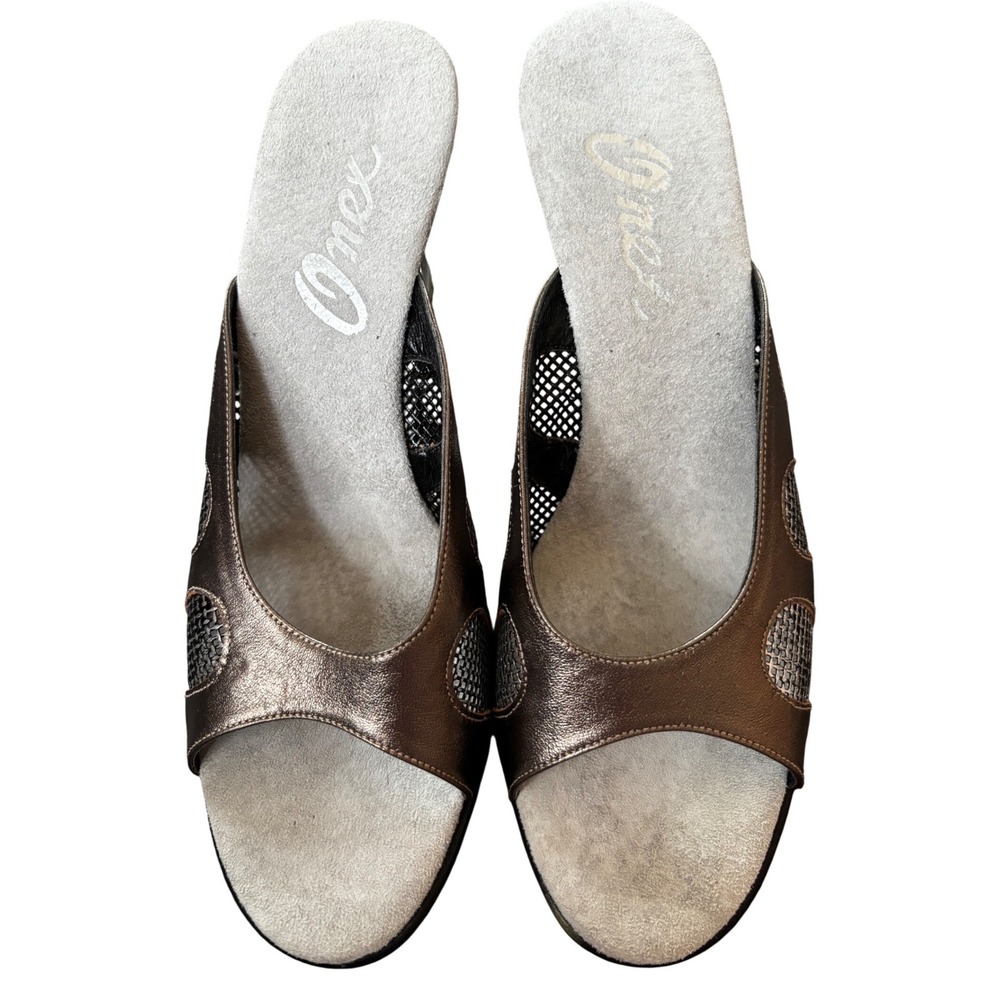 Onex Bronze Metallic Leather Slide Sandals Architectural Heel Womens 7 USA